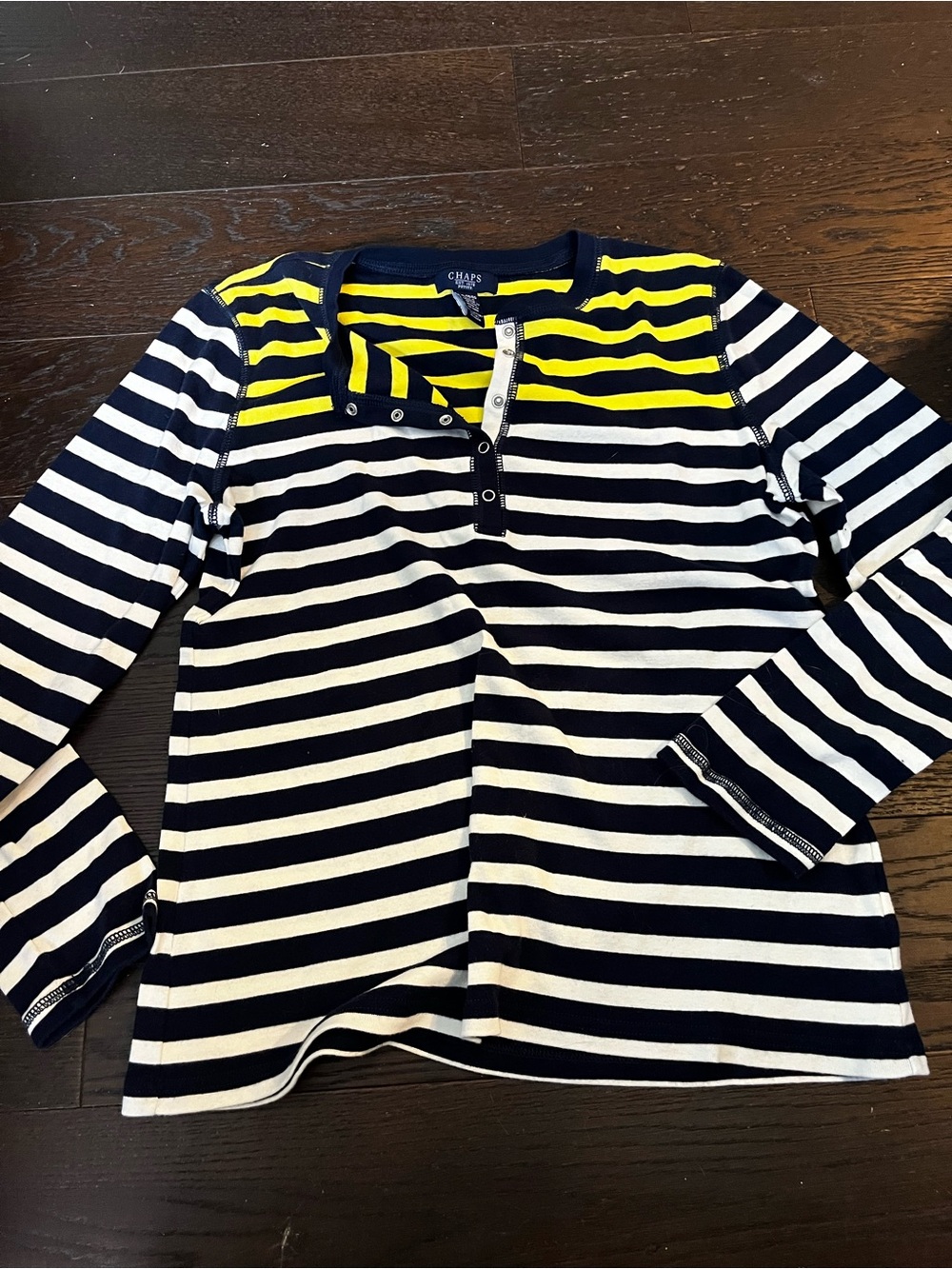 Chaps Navy, White & Yellow Striped Long Sleeve Henley
